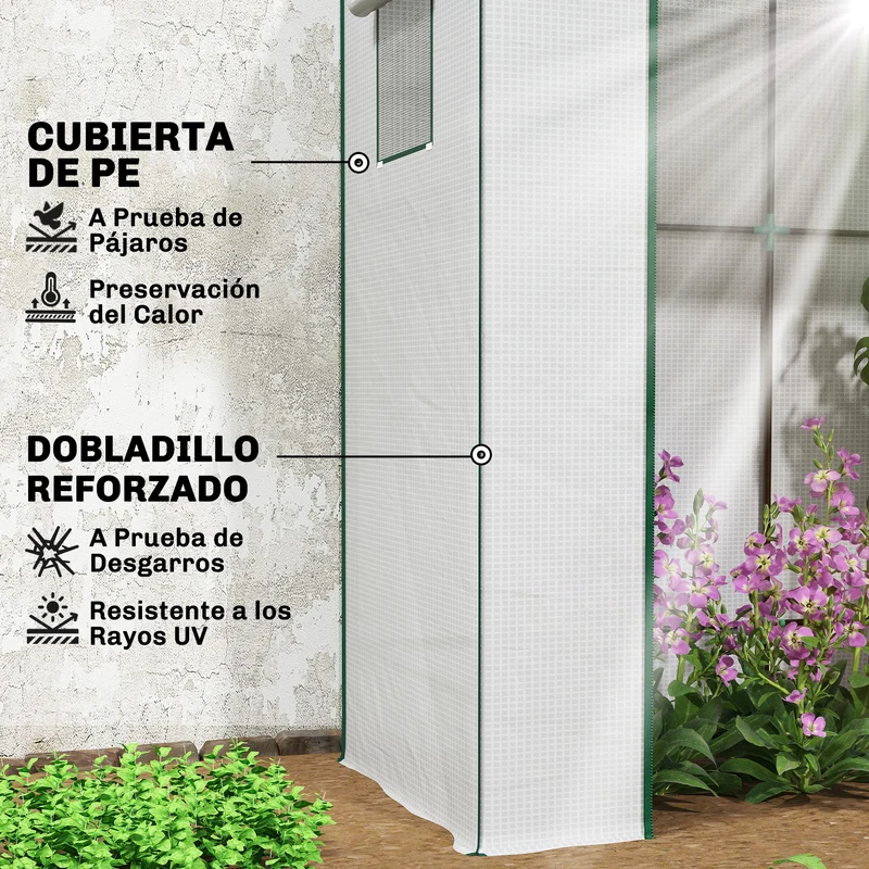 Outsunny Invernadero Pequeño Invernadero de Exterior con Ventanas de Malla y Puerta con Cremallera Marco de Acero y Cubierta de PE 140g/m² para Cultivar Tomates Plantas Flores 196x77x197 cm Blanco