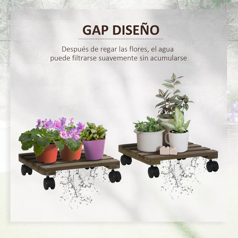 Outsunny Pack de 2 Plataformas con Ruedas de Madera, Soportes para Plantas con Ruedas 360 ° Giratorias Bloqueables, Bases para Macetas, Exterior, Interior, Jardín, Carga 50 kg, Marrón Oscuro