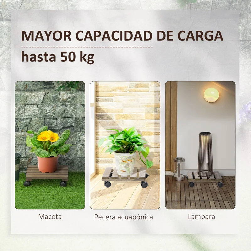 Outsunny Pack de 2 Plataformas con Ruedas de Madera, Soportes para Plantas con Ruedas 360 ° Giratorias Bloqueables, Bases para Macetas, Exterior, Interior, Jardín, Carga 50 kg, Marrón Oscuro