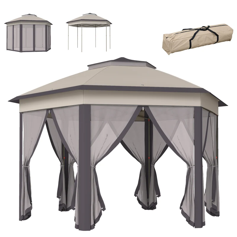 Outsunny Carpa Plegable 4x3,4 m, Cenador de Jardín Hexagonal con Doble Techo, 6 Mosquiteras Extraíbles y Bolsa de Transporte, Impermeable, Anti-UV para Exterior, Fiestas, Marrón y Beige