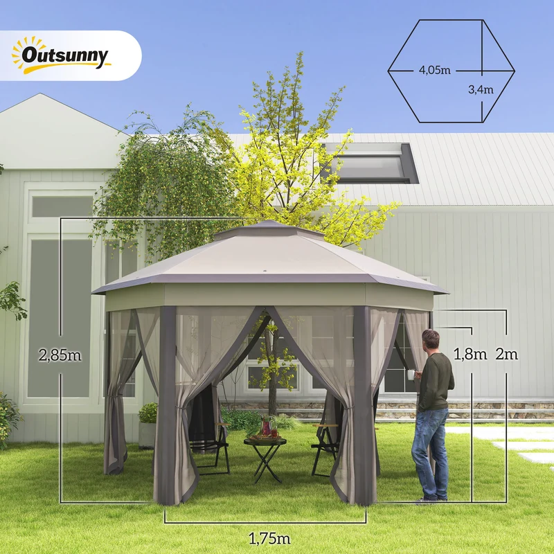 Outsunny Carpa Plegable 4x3,4 m, Cenador de Jardín Hexagonal con Doble Techo, 6 Mosquiteras Extraíbles y Bolsa de Transporte, Impermeable, Anti-UV para Exterior, Fiestas, Marrón y Beige