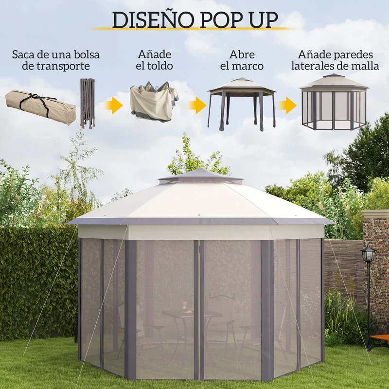 Outsunny Carpa Plegable 4x3,4 m, Cenador de Jardín Hexagonal con Doble Techo, 6 Mosquiteras Extraíbles y Bolsa de Transporte, Impermeable, Anti-UV para Exterior, Fiestas, Marrón y Beige