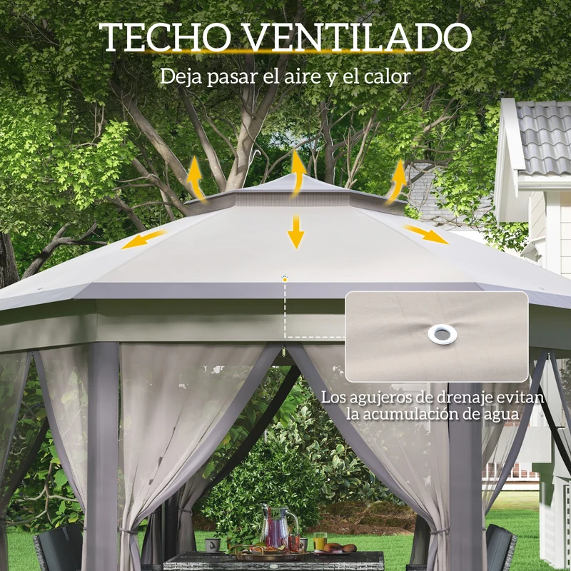 Outsunny Carpa Plegable 4x3,4 m, Cenador de Jardín Hexagonal con Doble Techo, 6 Mosquiteras Extraíbles y Bolsa de Transporte, Impermeable, Anti-UV para Exterior, Fiestas, Marrón y Beige