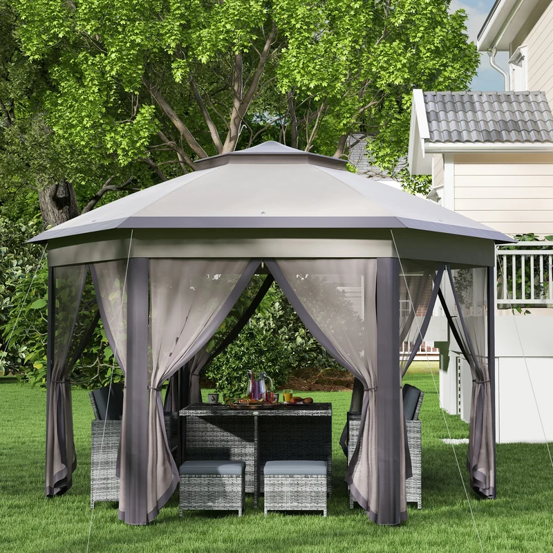 Outsunny Carpa Plegable 4x3,4 m, Cenador de Jardín Hexagonal con Doble Techo, 6 Mosquiteras Extraíbles y Bolsa de Transporte, Impermeable, Anti-UV para Exterior, Fiestas, Marrón y Beige