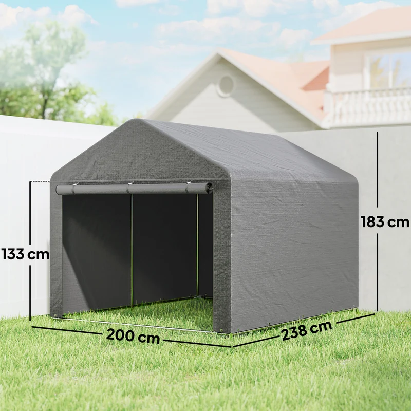 Outsunny Carpa de Jardín Exterior para Herramientas, Bicicletas, 2,4x2x2 m, Cobertizo Exterior con Marco Metal Galvanizado, Puerta Enrollable con Cremallera, Impermeable, UV30+, Garaje Portátil, Gris