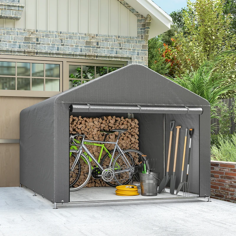 Outsunny Carpa de Jardín Exterior para Herramientas, Bicicletas, 2,4x2x2 m, Cobertizo Exterior con Marco Metal Galvanizado, Puerta Enrollable con Cremallera, Impermeable, UV30+, Garaje Portátil, Gris