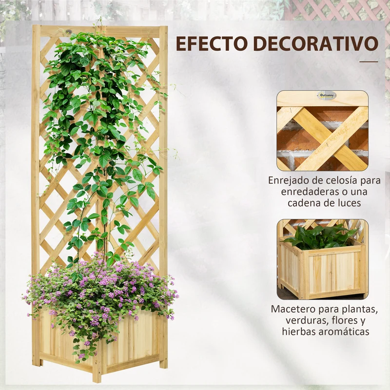 Outsunny Jardinera con Enrejado de Madera Macetero Exterior para Esquina Jardinera Elevada para Plantas Trepadoras en Patio Terraza 40x40x145 cm Natural