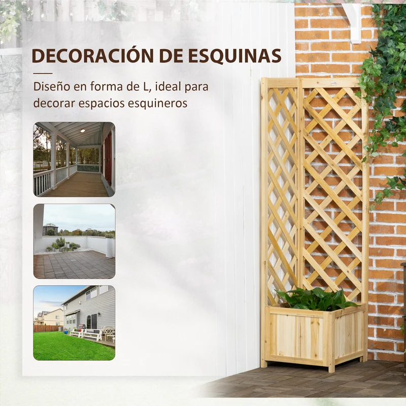 Outsunny Jardinera con Enrejado de Madera Macetero Exterior para Esquina Jardinera Elevada para Plantas Trepadoras en Patio Terraza 40x40x145 cm Natural
