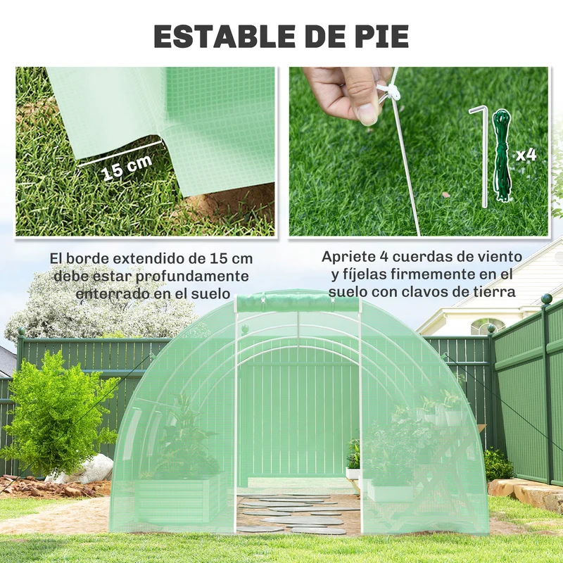 Outsunny Invernadero de Exterior 6x3x2 m, Invernadero de Túnel con Puerta Enrollable, 8 Ventanas de Malla, Cubierta PE 140g/m² y Marco de Acero Galvanizado, Anti-UV, Impermeable, para Cultivos, Verde