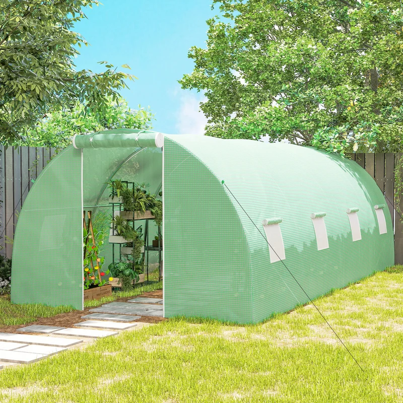 Outsunny Invernadero de Exterior 6x3x2 m, Invernadero de Túnel con Puerta Enrollable, 8 Ventanas de Malla, Cubierta PE 140g/m² y Marco de Acero Galvanizado, Anti-UV, Impermeable, para Cultivos, Verde