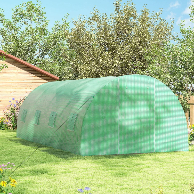 Outsunny Invernadero de Exterior 6x3x2 m, Invernadero de Túnel con Puerta Enrollable, 8 Ventanas de Malla, Cubierta PE 140g/m² y Marco de Acero Galvanizado, Anti-UV, Impermeable, para Cultivos, Verde