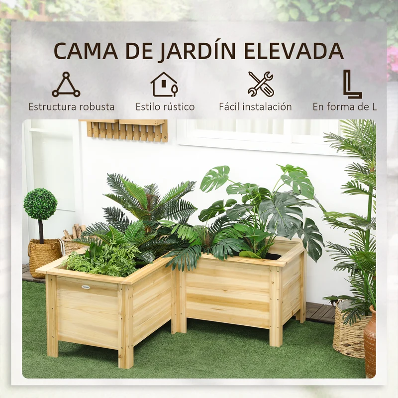 Outsunny Jardinera Elevada de Madera, Macetero Exterior en Forma de L con Tela no Tejido, Huerto Urbano para Cultivos de Plantas, Flores en Terraza, Jardín, 120x120x50 cm, Natural