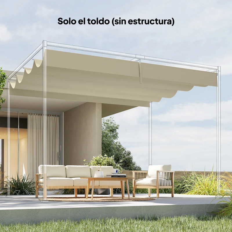Outsunny Techo de Pérgola 4 x 3,5 m, Techo de Repuesto Retráctil para Marco de Pérgola de 4x3 m, UV30+, Toldo de Tela Solo para Cenador Jardín con 8 Orificios de Drenaje, Blanco Crema