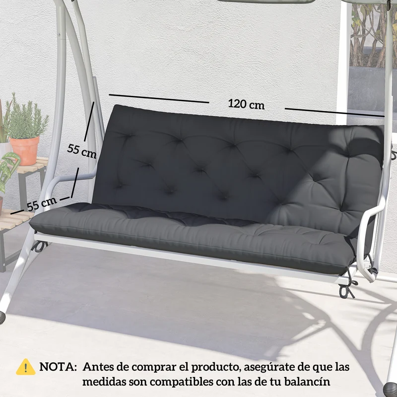 Outsunny Cojín para Banco con Respaldo 120x110x12 cm Colchón de Banco de Jardín de 2 Plazas con 6 Cordones de Fijación para Columpio de Jardín Terraza Negro