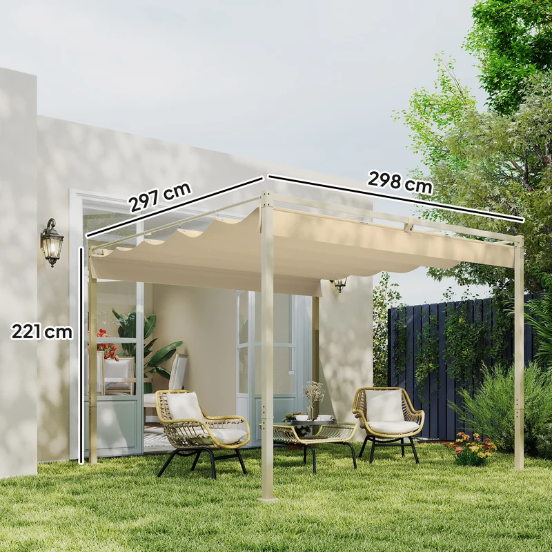 Outsunny Pérgola con Techo Retráctil Pérgola de 3x3 m Cenador de Pared o Independiente con Cierre Magnético Protección UV30+ Pabellón para Jardín Patio Terraza Exterior Caqui