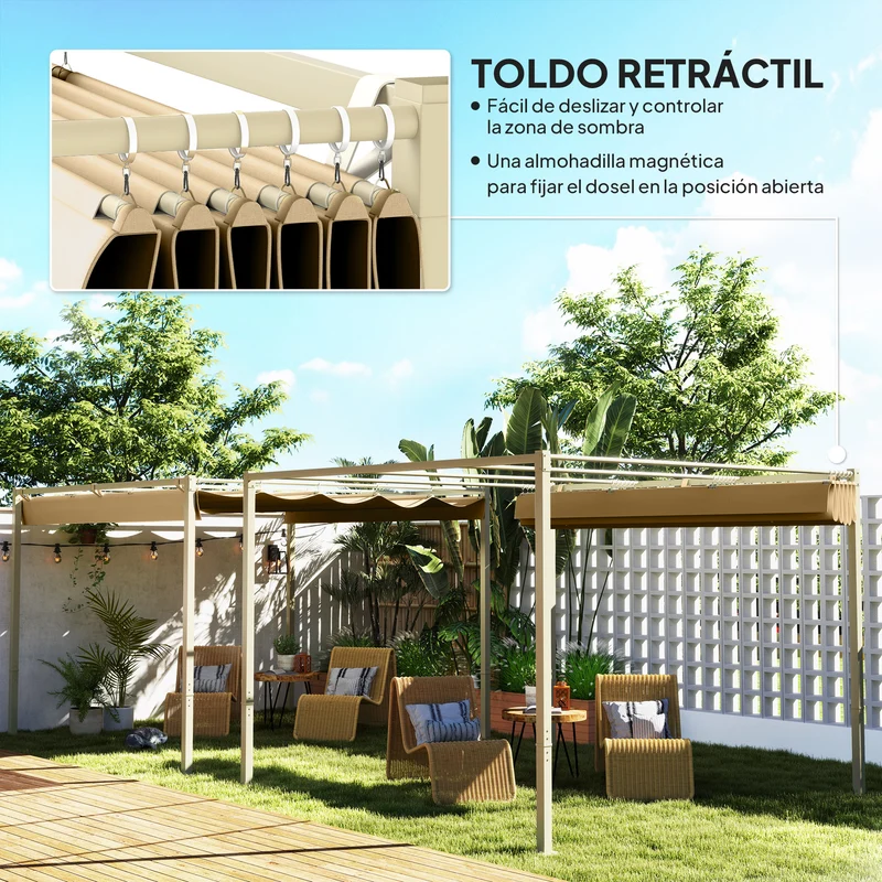 Outsunny Pérgola con Techo Retráctil Pérgola de 3x3 m Cenador de Pared o Independiente con Cierre Magnético Protección UV30+ Pabellón para Jardín Patio Terraza Exterior Caqui