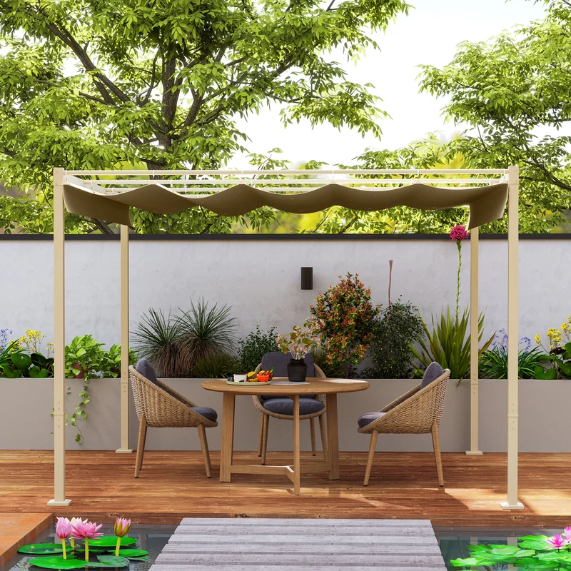 Outsunny Pérgola con Techo Retráctil Pérgola de 3x3 m Cenador de Pared o Independiente con Cierre Magnético Protección UV30+ Pabellón para Jardín Patio Terraza Exterior Caqui