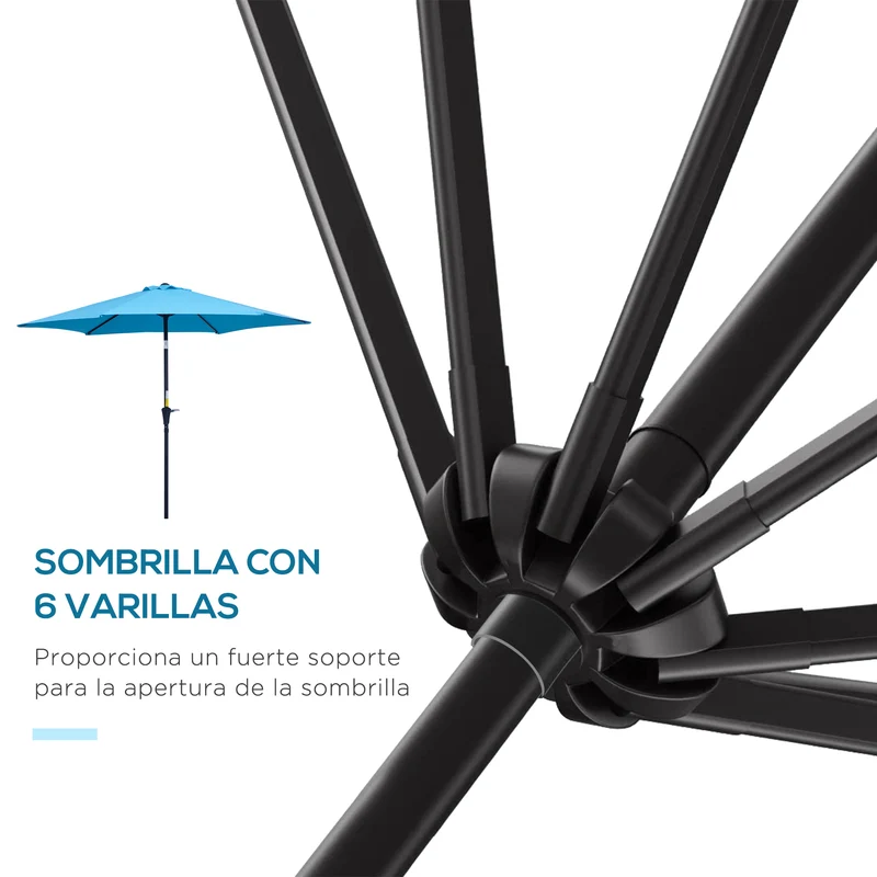 Outsunny Sombrilla de Jardín, Ø260x235 cm, Parasol de Jardín Reclinable con Manivela, Poste Desmontable de Aluminio y 6 Varillas de Metal, para Terraza, Exterior, Balcón, Azul
