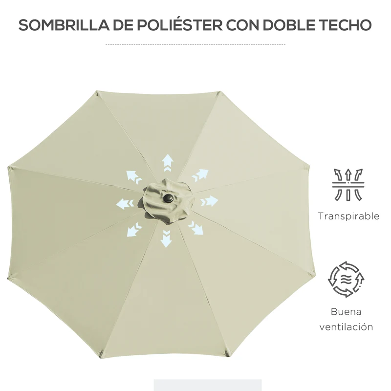 Outsunny Sombrilla de Jardín Ø295x250 cm con Manivela Parasol Exterior con Mecanismo de Inclinación y Poste Desmontable de Metal para Terraza Piscina Patio Beige