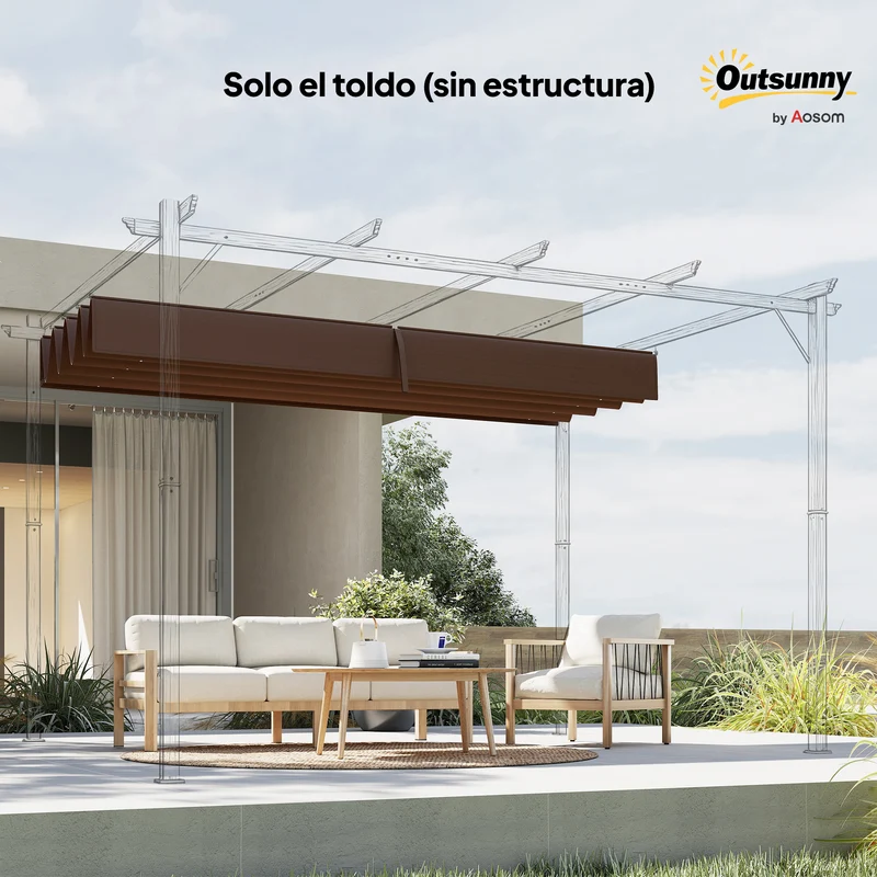 Outsunny Techo de Pérgola 3x2,5 m, Techo de Repuesto Retráctil para Marco de Pérgola de 3x2 m, UV30+, Toldo de Tela Solo para Cenador Jardín con 8 Orificios de Drenaje, Café