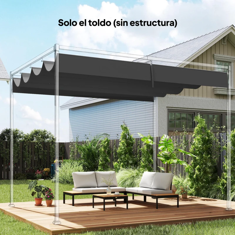 Outsunny Techo de Pérgola 4 x 3,5 m, Techo de Repuesto Retráctil para Marco de Pérgola de 4x3 m, UV30+, Toldo de Tela Solo para Cenador Jardín con 8 Orificios de Drenaje, Gris Oscuro