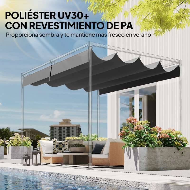 Outsunny Techo de Pérgola 4 x 3,5 m, Techo de Repuesto Retráctil para Marco de Pérgola de 4x3 m, UV30+, Toldo de Tela Solo para Cenador Jardín con 8 Orificios de Drenaje, Gris Oscuro
