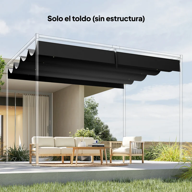 Outsunny Techo de Pérgola 4 x 3,5 m, Techo de Repuesto Retráctil para Marco de Pérgola de 4x3 m, UV30+, Toldo de Tela Solo para Cenador Jardín con 8 Orificios de Drenaje, Gris Oscuro