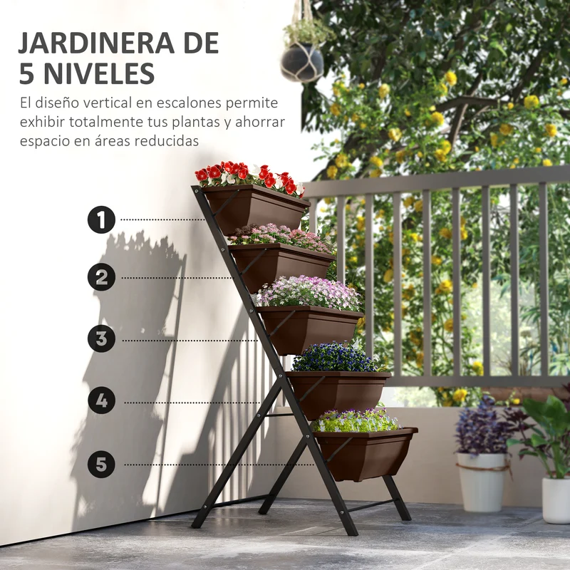 Outsunny Soporte para Plantas de 5 Niveles con 5 Macetas, Estantería para Plantas para Esquina, Orificios de Drenaje, Diseño en Escalera, Soporte para Macetas, Interior y Exterior, 55x63x120 cm, Negro