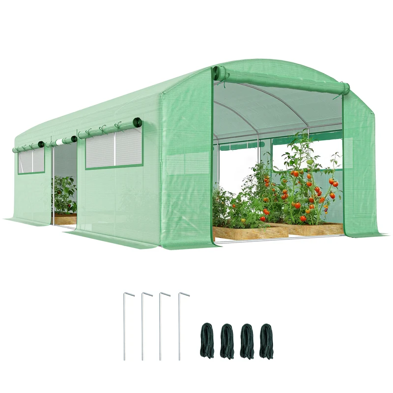 Outsunny Invernadero de Exterior 6x3x2 m, Invernadero de Túnel con 3 Puertas Enrollables, Ventanas de Malla, Cubierta PE 140g/m² Anti-UV y Marco de Acero Galvanizado, para Cultivos, Plantas, Verde