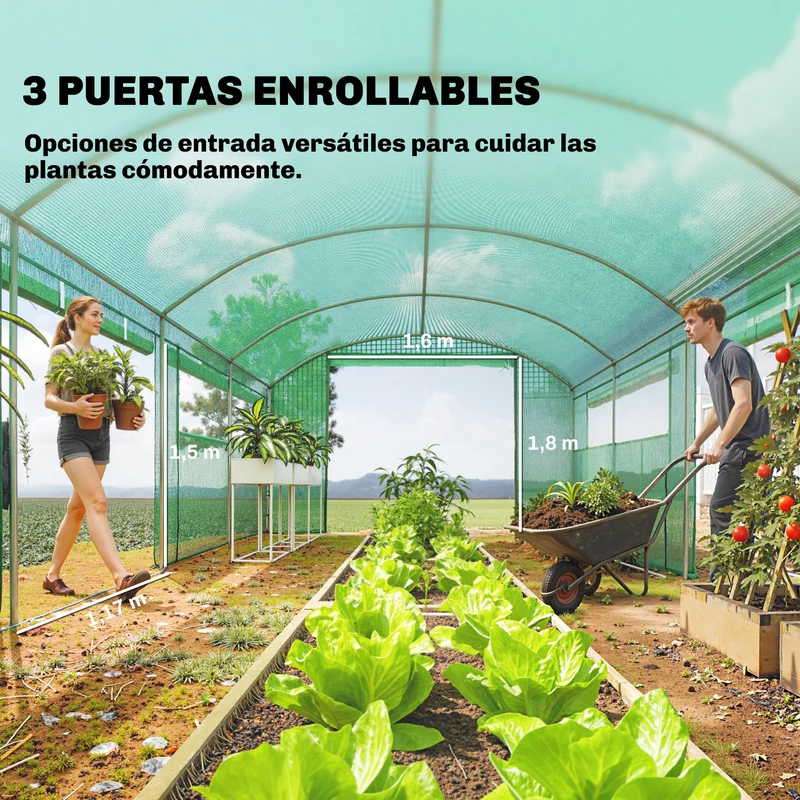 Outsunny Invernadero de Exterior 6x3x2 m, Invernadero de Túnel con 3 Puertas Enrollables, Ventanas de Malla, Cubierta PE 140g/m² Anti-UV y Marco de Acero Galvanizado, para Cultivos, Plantas, Verde