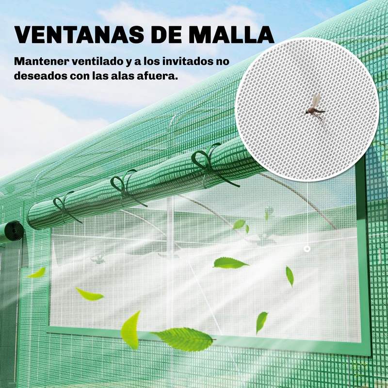Outsunny Invernadero de Exterior 6x3x2 m, Invernadero de Túnel con 3 Puertas Enrollables, Ventanas de Malla, Cubierta PE 140g/m² Anti-UV y Marco de Acero Galvanizado, para Cultivos, Plantas, Verde