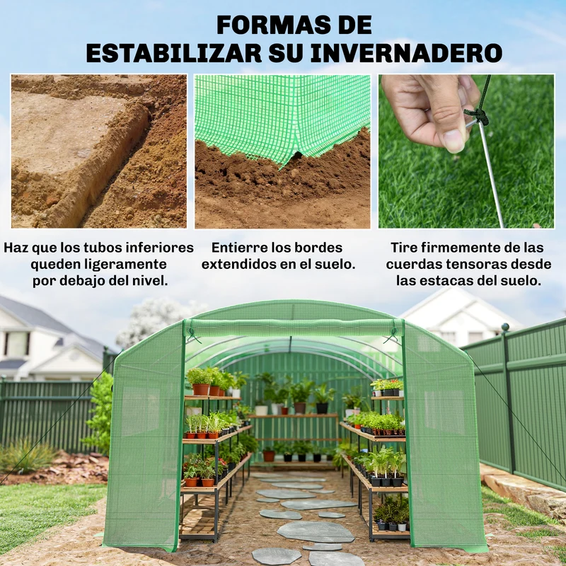 Outsunny Invernadero de Exterior 6x3x2 m, Invernadero de Túnel con 3 Puertas Enrollables, Ventanas de Malla, Cubierta PE 140g/m² Anti-UV y Marco de Acero Galvanizado, para Cultivos, Plantas, Verde