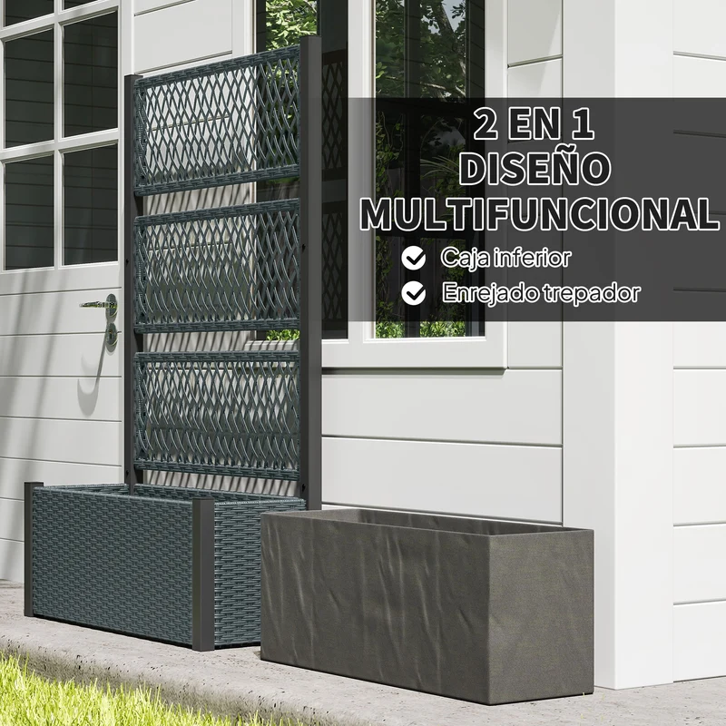 Outsunny Jardinera con Enrejado de Ratán, Jardinera Exterior Grande para Plantas Trepadoras, Maceta con Forro, para Jardín, Patio, Terraza, 90x35x148 cm, Gris Oscuro