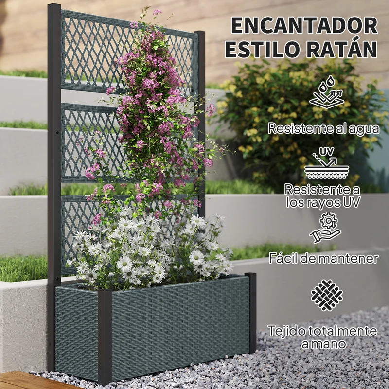 Outsunny Jardinera con Enrejado de Ratán, Jardinera Exterior Grande para Plantas Trepadoras, Maceta con Forro, para Jardín, Patio, Terraza, 90x35x148 cm, Gris Oscuro