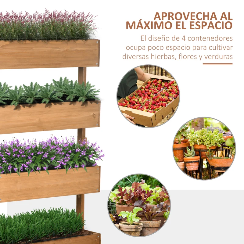 Outsunny Jardinera de Madera de 4 Niveles, Jardinera Exterior Elevada con Orificios de Drenaje y Tela no Tejida, Macetero para Cultivos, Plantas, Flores, para Terraza, Jardín, 80x45x142 cm, Naranja