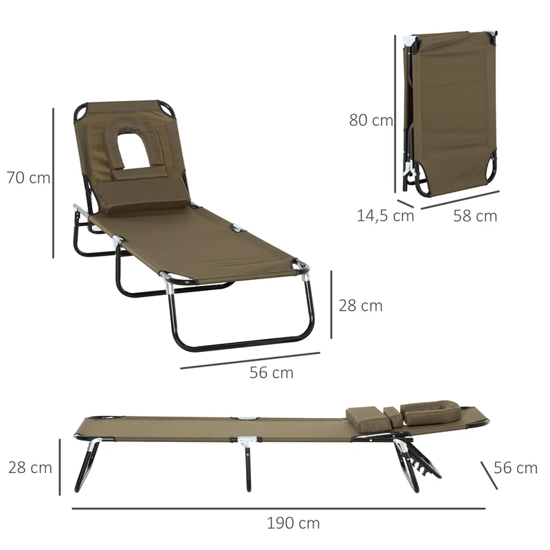 Outsunny Tumbona Plegable con Respaldo Regulable en 4 Posiciones Tumbona de Jardín con Orificio de Lectura Almohada Marco Metálico y Tela Oxford para Playa Terraza Carga 120 kg 190x56x28 cm Marrón