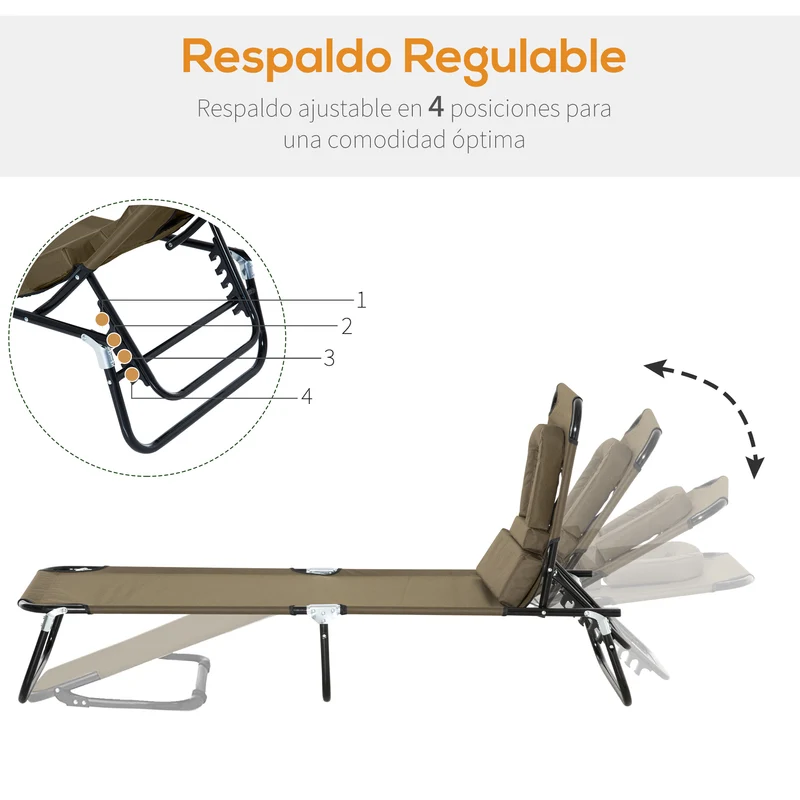 Outsunny Tumbona Plegable con Respaldo Regulable en 4 Posiciones Tumbona de Jardín con Orificio de Lectura Almohada Marco Metálico y Tela Oxford para Playa Terraza Carga 120 kg 190x56x28 cm Marrón