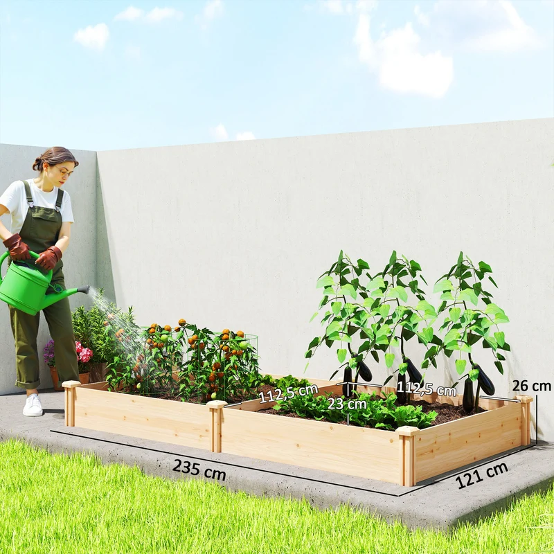 Outsunny Jardinera Elevada de Madera, Huerto Urbano para Cultivar Plantas, Macetero Exterior con Divisor y Base Abierta, Pintura DIY, para Jardín, Terraza, 235x121x26 cm, Natural