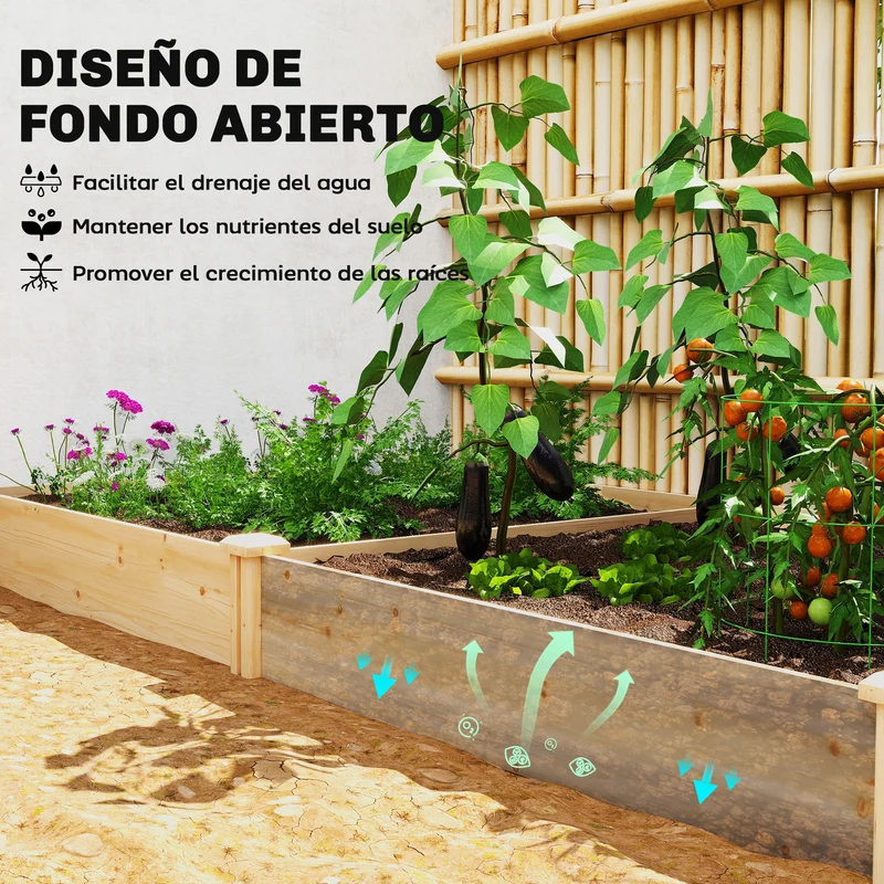 Outsunny Jardinera Elevada de Madera, Huerto Urbano para Cultivar Plantas, Macetero Exterior con Divisor y Base Abierta, Pintura DIY, para Jardín, Terraza, 235x121x26 cm, Natural