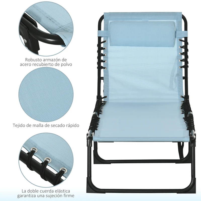 Outsunny Tumbona Plegable, Tumbona Jardín Exterior Reclinable 4 Posiciones con Reposacabezas y Marco de Acero, Carga 120 kg, para Terraza, Piscina, Playa, 189x58x30 cm, Verde Azulado
