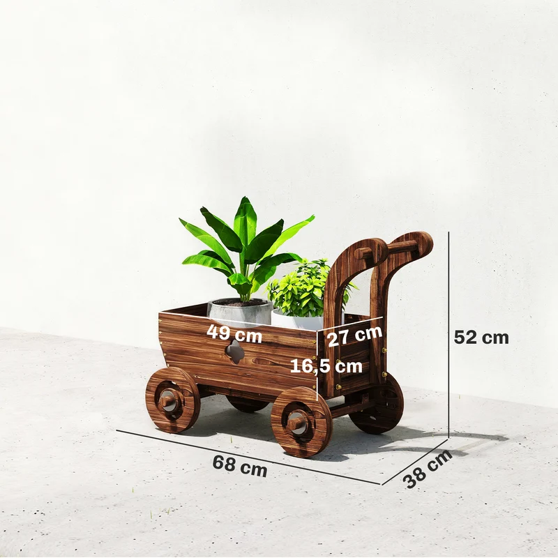Outsunny Carretilla de Madera Decorativa, Jardinera Elevada con 4 Ruedas, Asa, Orificios de Drenaje, Macetero Exterior para Cultivos de Plantas, Flores en Terraza, Jardín, 68x38x52 cm, Carbonizado