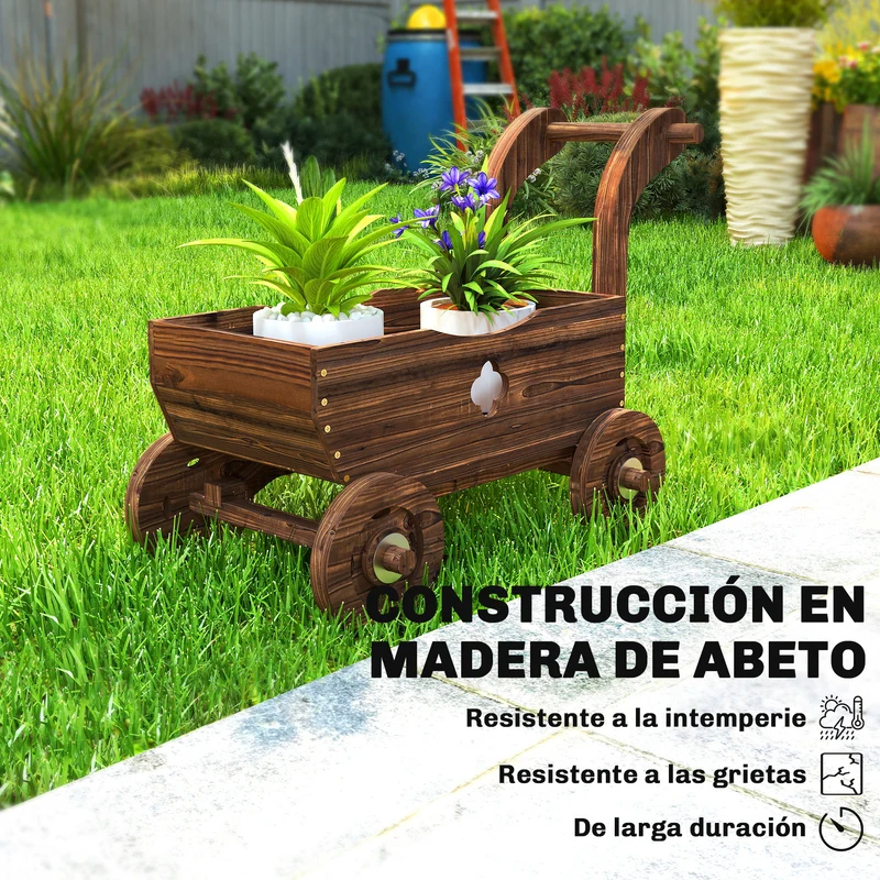 Outsunny Carretilla de Madera Decorativa, Jardinera Elevada con 4 Ruedas, Asa, Orificios de Drenaje, Macetero Exterior para Cultivos de Plantas, Flores en Terraza, Jardín, 68x38x52 cm, Carbonizado