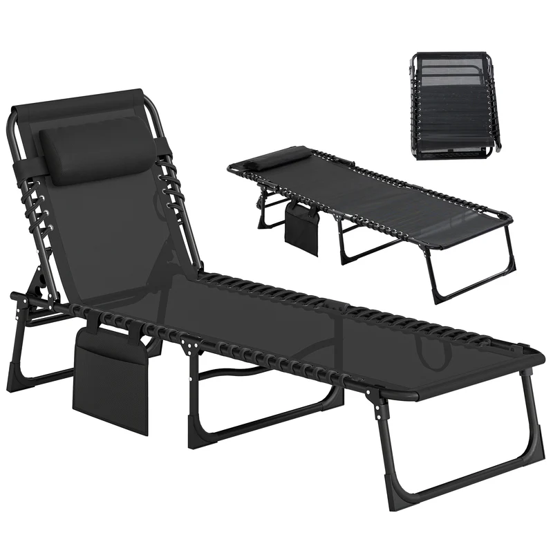 Outsunny Tumbona Plegable, Tumbona Jardín Exterior Reclinable 5 Posiciones, con Reposacabezas Acolchado, Bolsillo Lateral y Estructura de Acero, para Terraza, Piscina, 189x58x30 cm, Negro
