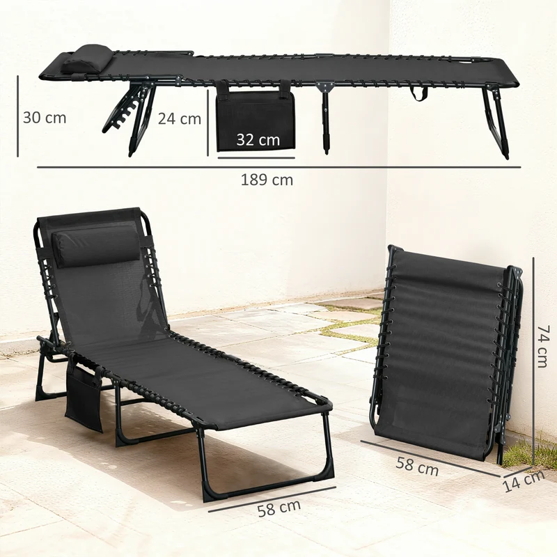 Outsunny Tumbona Plegable, Tumbona Jardín Exterior Reclinable 5 Posiciones, con Reposacabezas Acolchado, Bolsillo Lateral y Estructura de Acero, para Terraza, Piscina, 189x58x30 cm, Negro