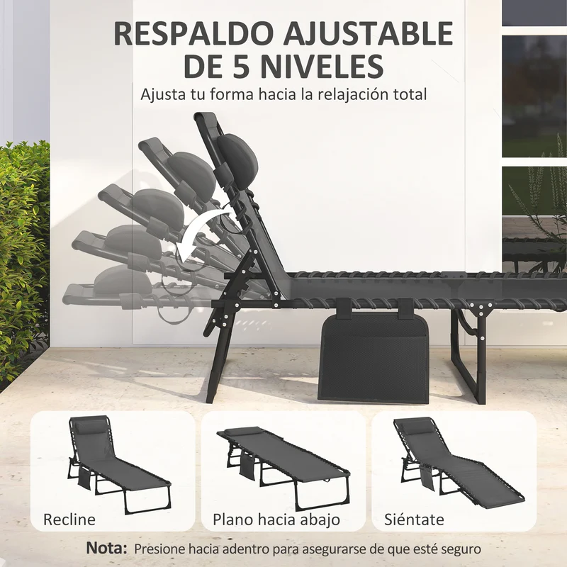 Outsunny Tumbona Plegable, Tumbona Jardín Exterior Reclinable 5 Posiciones, con Reposacabezas Acolchado, Bolsillo Lateral y Estructura de Acero, para Terraza, Piscina, 189x58x30 cm, Negro