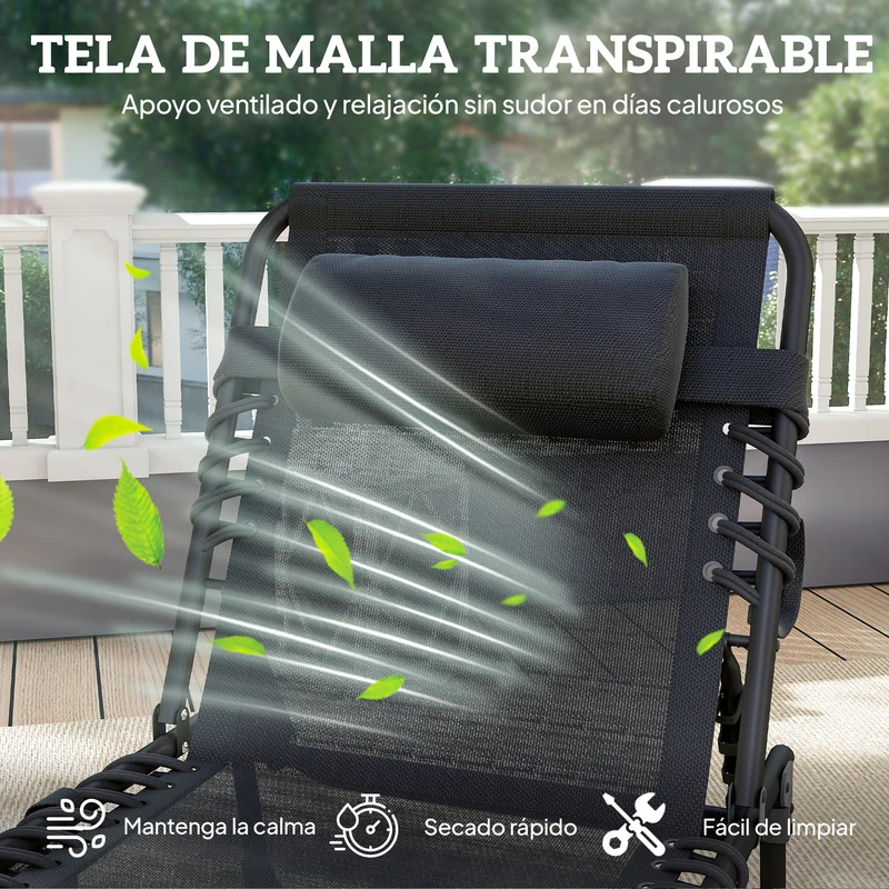Outsunny Tumbona Plegable, Tumbona Jardín Exterior Reclinable 5 Posiciones, con Reposacabezas Acolchado, Bolsillo Lateral y Estructura de Acero, para Terraza, Piscina, 189x58x30 cm, Negro