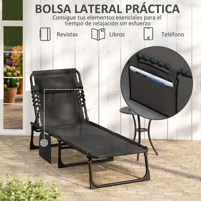 Outsunny Tumbona Plegable, Tumbona Jardín Exterior Reclinable 5 Posiciones, con Reposacabezas Acolchado, Bolsillo Lateral y Estructura de Acero, para Terraza, Piscina, 189x58x30 cm, Negro