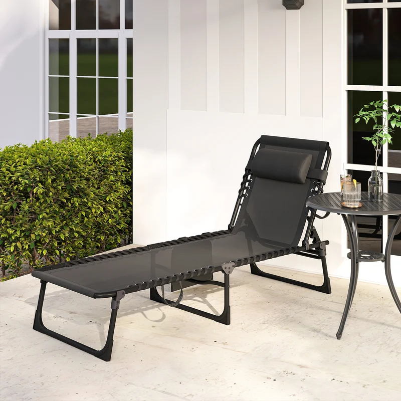 Outsunny Tumbona Plegable, Tumbona Jardín Exterior Reclinable 5 Posiciones, con Reposacabezas Acolchado, Bolsillo Lateral y Estructura de Acero, para Terraza, Piscina, 189x58x30 cm, Negro