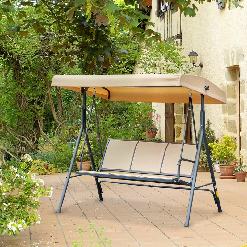 Outsunny Columpio de Jardín Exterior de 3 Plazas con Toldo Reclinable, Balancín de Jardín Exterior con Respaldo Transpirable y Marco de Acero, para Terraza Balcón, 175x118x159 cm, Beige