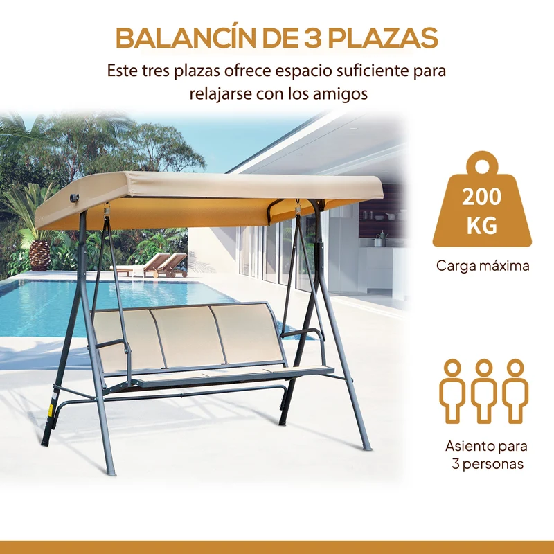 Outsunny Columpio de Jardín Exterior de 3 Plazas con Toldo Reclinable, Balancín de Jardín Exterior con Respaldo Transpirable y Marco de Acero, para Terraza Balcón, 175x118x159 cm, Beige